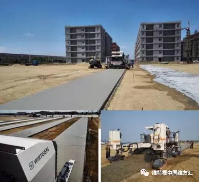 上:攤鋪完的廠房地坪混凝土板;下左:安裝在機(jī)身后部伸長臂上的超級抹平器,對混凝土表面進(jìn)行進(jìn)一步修復(fù)和處理;下右:一臺 SP 25 滑模攤鋪機(jī)即可整合所有傳統(tǒng)施工步驟,實(shí)現(xiàn)同步一體化作業(yè)